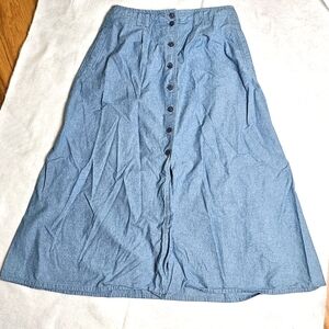 Basic Editions Vintage Blue Button-Down Denim Skirt Pockets Elastic Waist A-Line